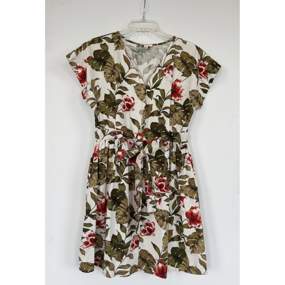 Chocolate USA Tropical Floral Linen Blend Button Front Dress Cream Olive Size M